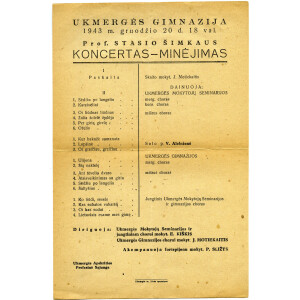 328. Prof. Stasio Šimkaus koncerto - minėjimo programa, Ukmergė, 1943