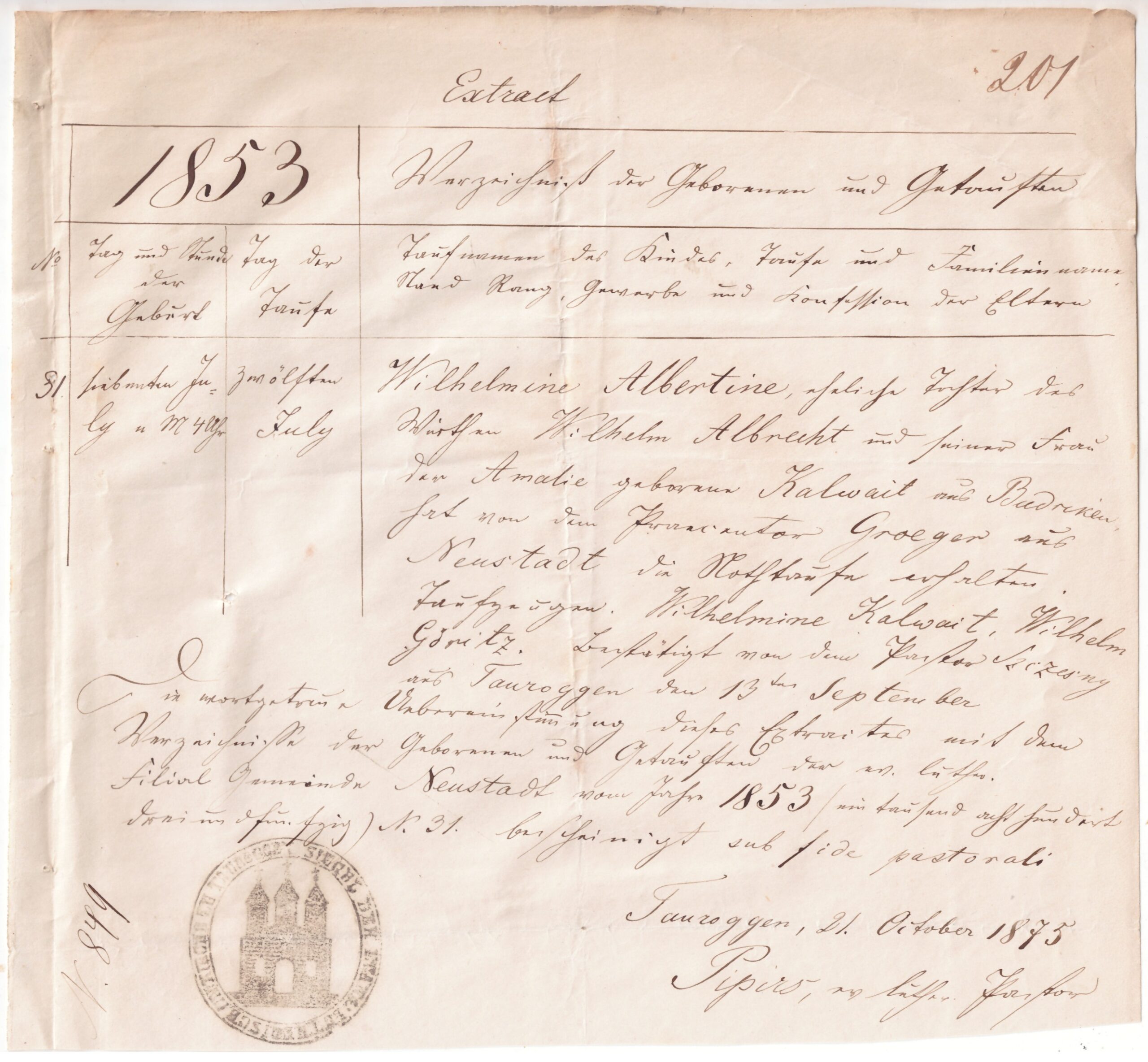 362. Tauragė gimimo metrika 1875