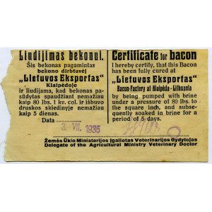 370. Bekono kokybės liudijimas, Klaipėda, 1935