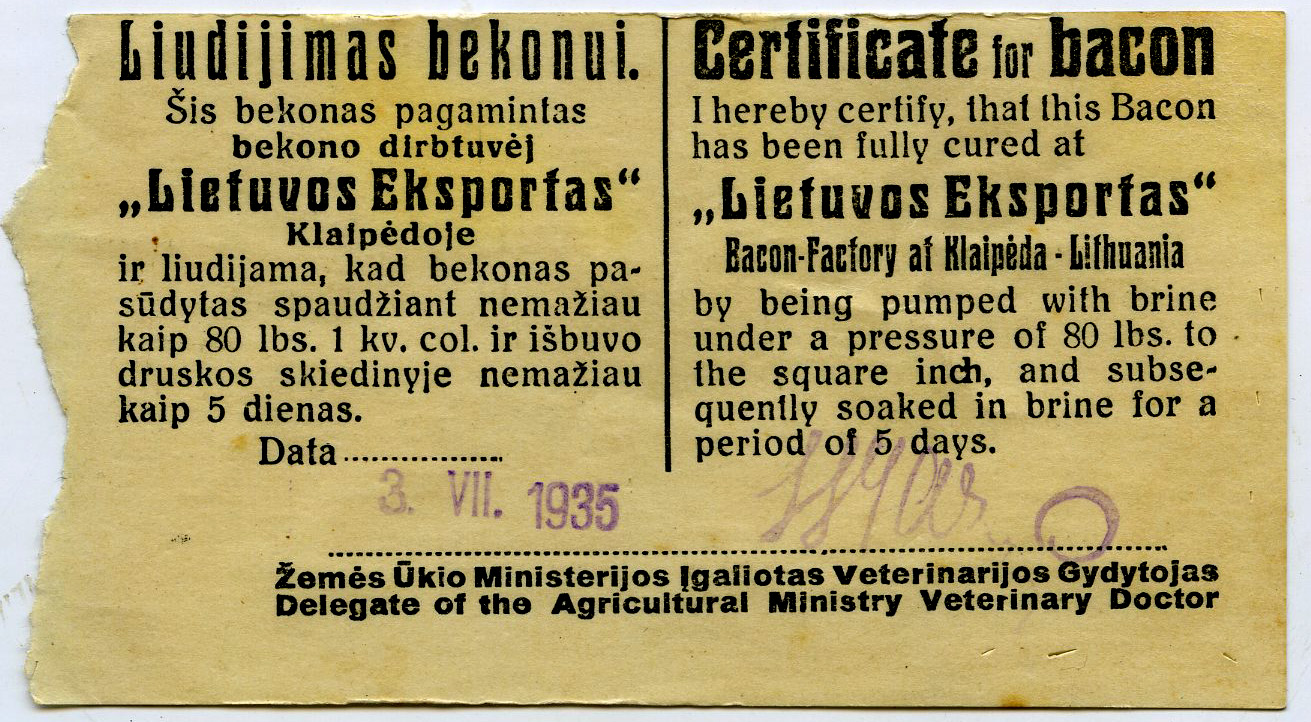 370. Bekono kokybės liudijimas, Klaipėda, 1935