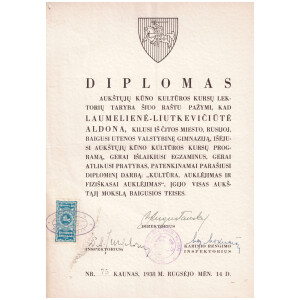373. Kūno kultūros kursų diplomas 1938