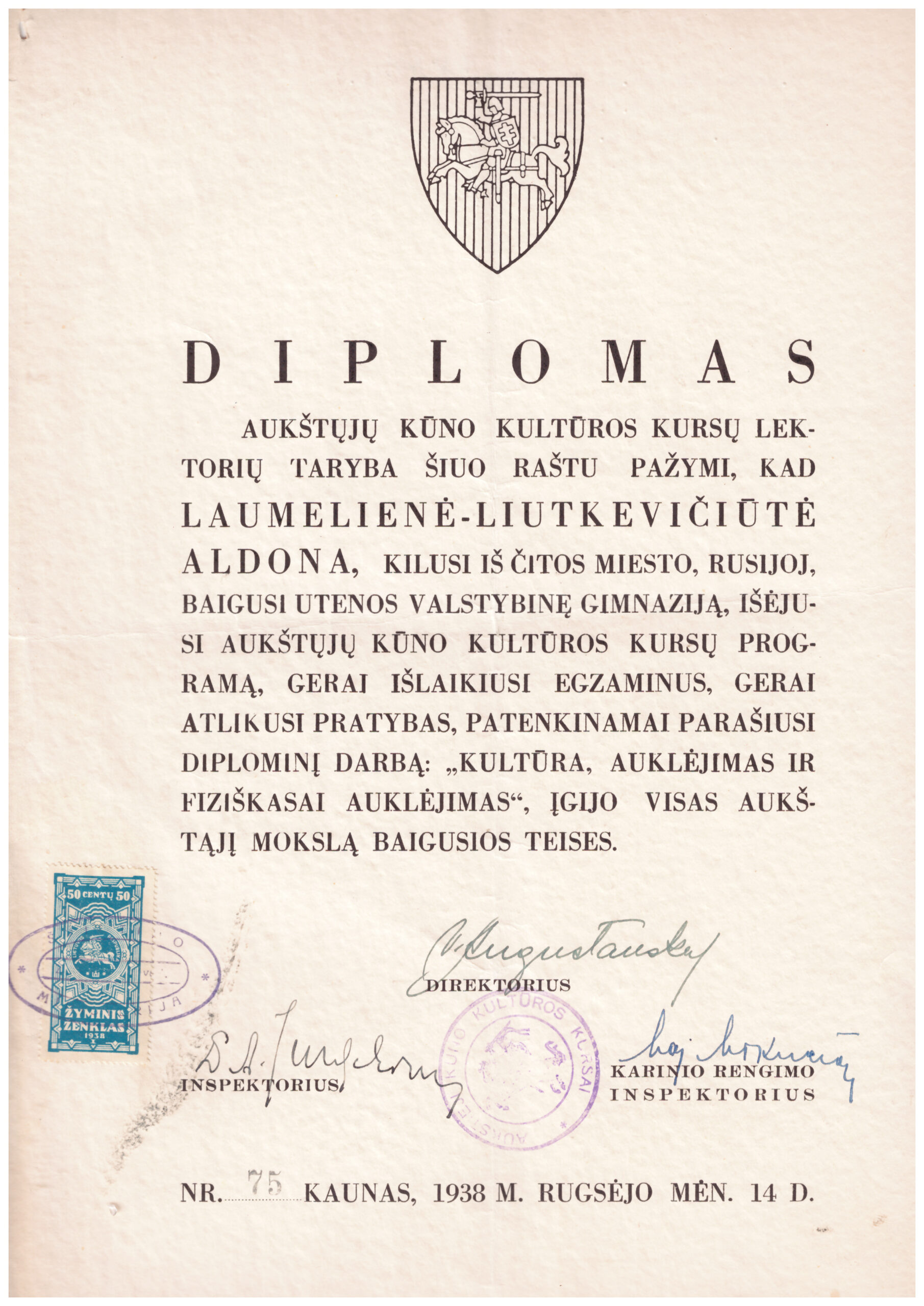 373. Kūno kultūros kursų diplomas 1938