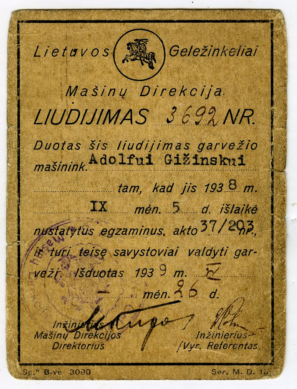 374. Garvežio mašinisto liudijimas. 1939 m.