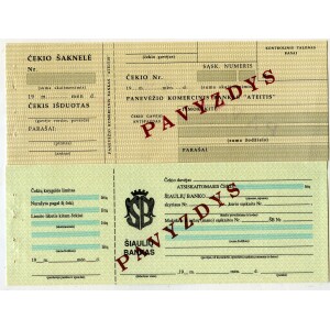 403. Panevėžio komercijos banko „Ateitis“ ir Šiaulių banko čekių pavyzdžiai. 1992 m.
