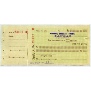 404. Raseinių banko smulkaus kredito čekis.