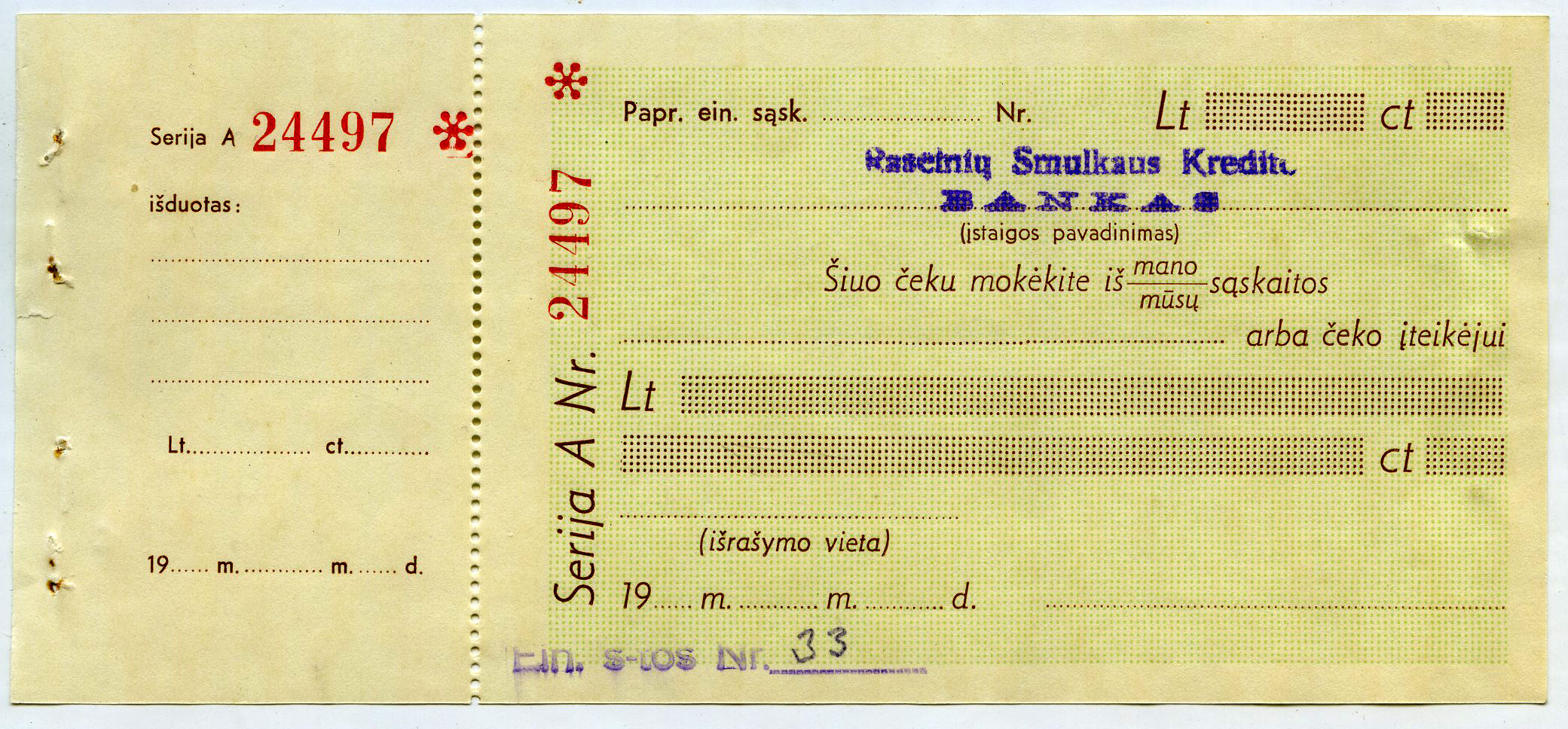 404. Raseinių banko smulkaus kredito čekis.