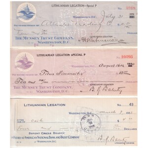 405. Lietuvos pasiuntinybės JAV čekiai 3 vnt.