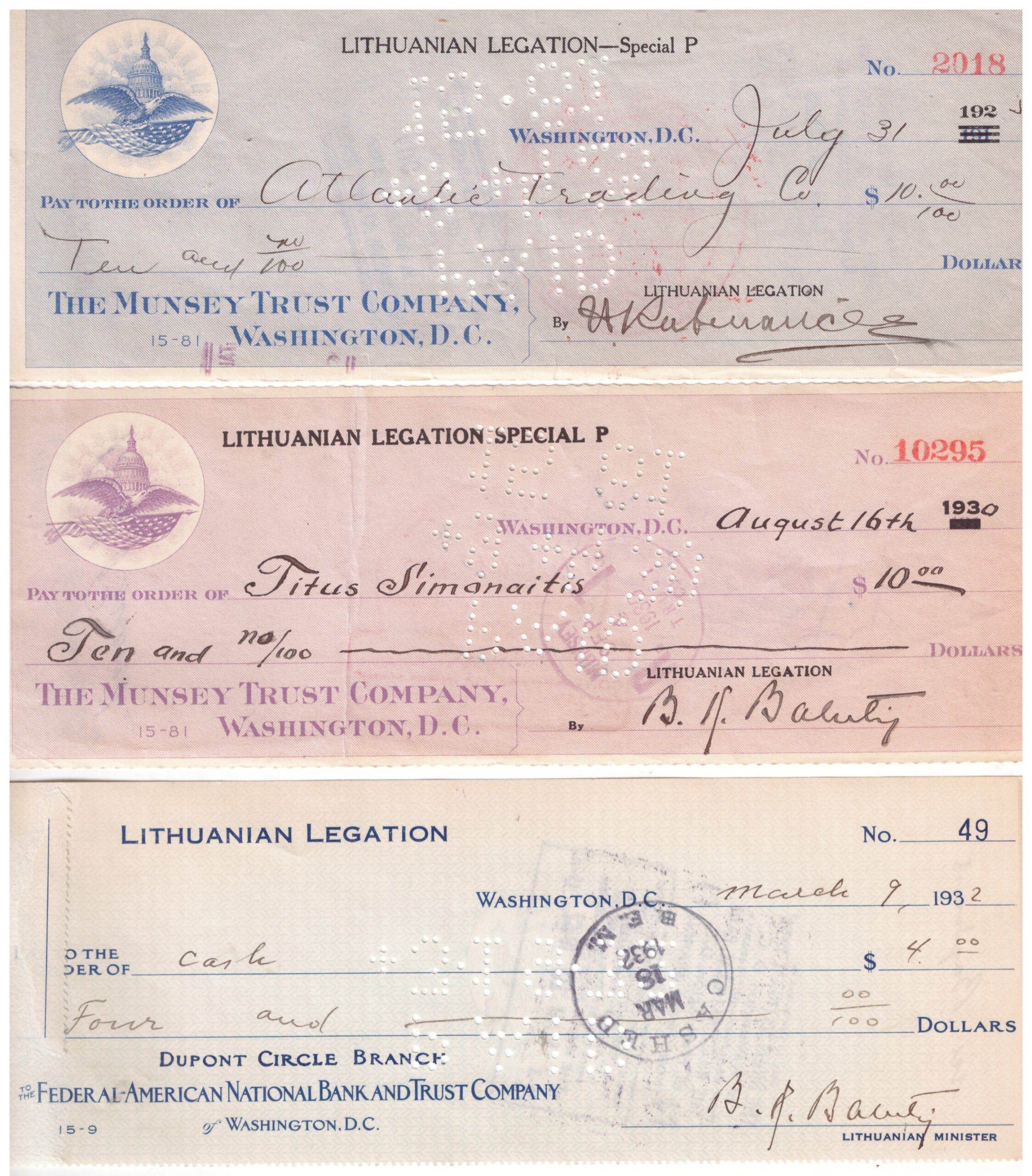 405. Lietuvos pasiuntinybės JAV čekiai 3...