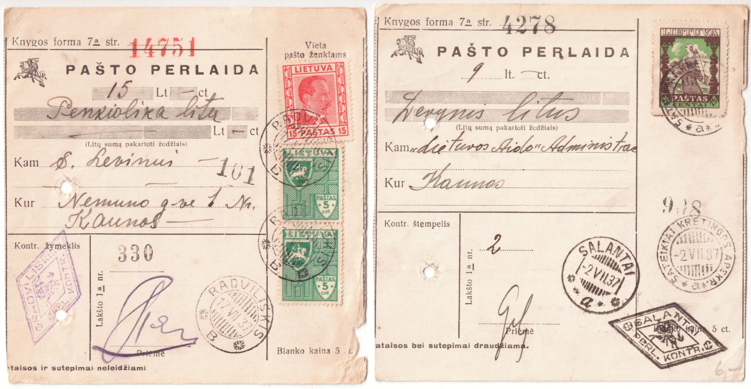427. Pašto perlaidos 2 vnt. 1937