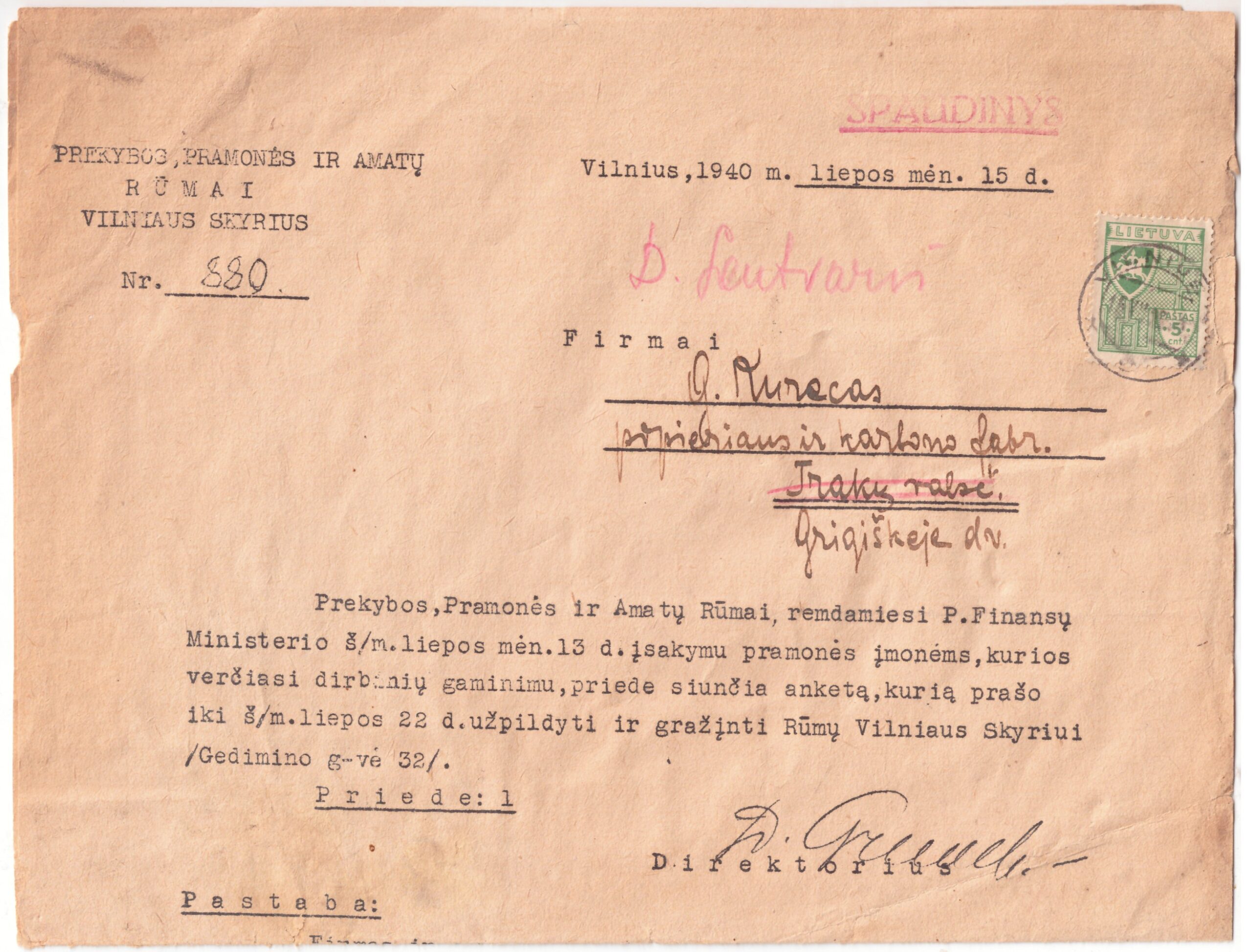 429. Vilnius spaudinio siuntimas 1940